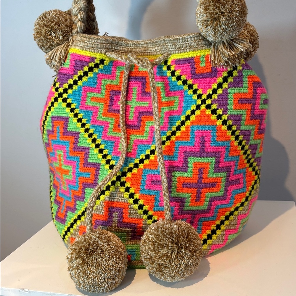 Le Pom Pom rainbow and tan large drawstring weeved bucket bag NWOT